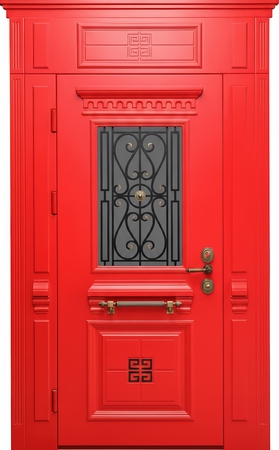 Парадная термодверь с фрамугой, боковыми вставками, ковкой, стеклом и отделкой красными плитами МДФ с багетом Парадная термодверь с фрамугой, боковыми вставками, ковкой, стеклом и отделкой красными плитами МДФ с багетом