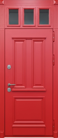 Стальная уличная термодверь со стеклом во фрамуге и красными панелями МДФ с багетом Стальная уличная термодверь со стеклом во фрамуге и красными панелями МДФ с багетом
