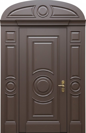 Парадная входная группа с терморазрывом, арочной фрамугой, карнизом и панелями МДФ с багетом Парадная входная группа с терморазрывом, арочной фрамугой, карнизом и панелями МДФ с багетом